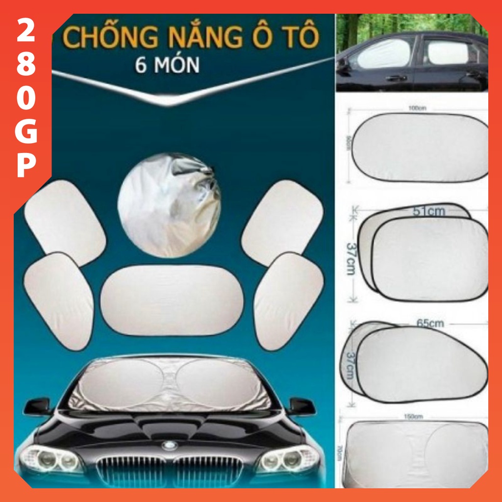 bộ 6 tấm rèm che nắng kính ô tô tráng bạc, set 6 món chắn khung đàn hồi, gấp gọn