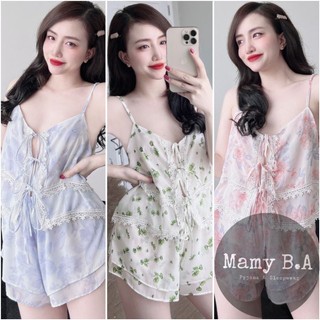 Pijama 2 dây lụa phối ren quần đùi - Đồ ngủ nữ loại 1 cao cấp không nhăn