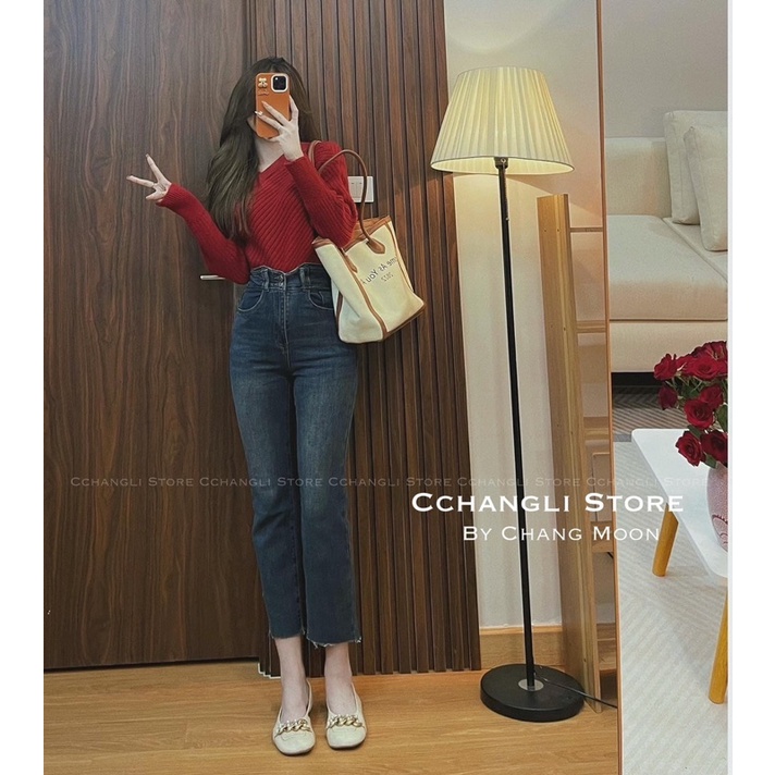 Quần giãn jeans 2 khuy cạp V cắt gấu #077