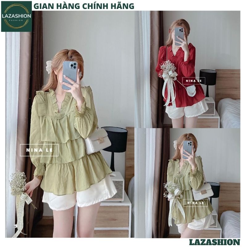 Áo sơ mi cổ bèo 3 tầng xếp ly dài tay thiết kế babydoll, áo kiểu nữ bánh bèo tiểu thư xinh xắn form rộng - LAZASHION