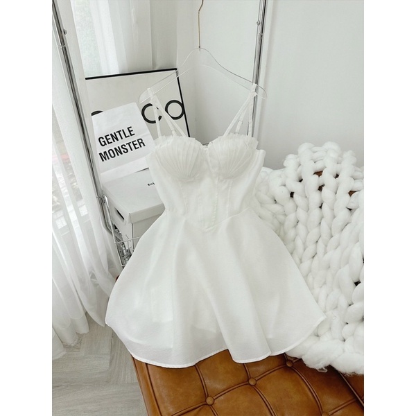 Đầm hai dây trắng dự tiệc thiết kế corset cúp ngực tôn eo dáng xoè có mút ngực và khoá kéo