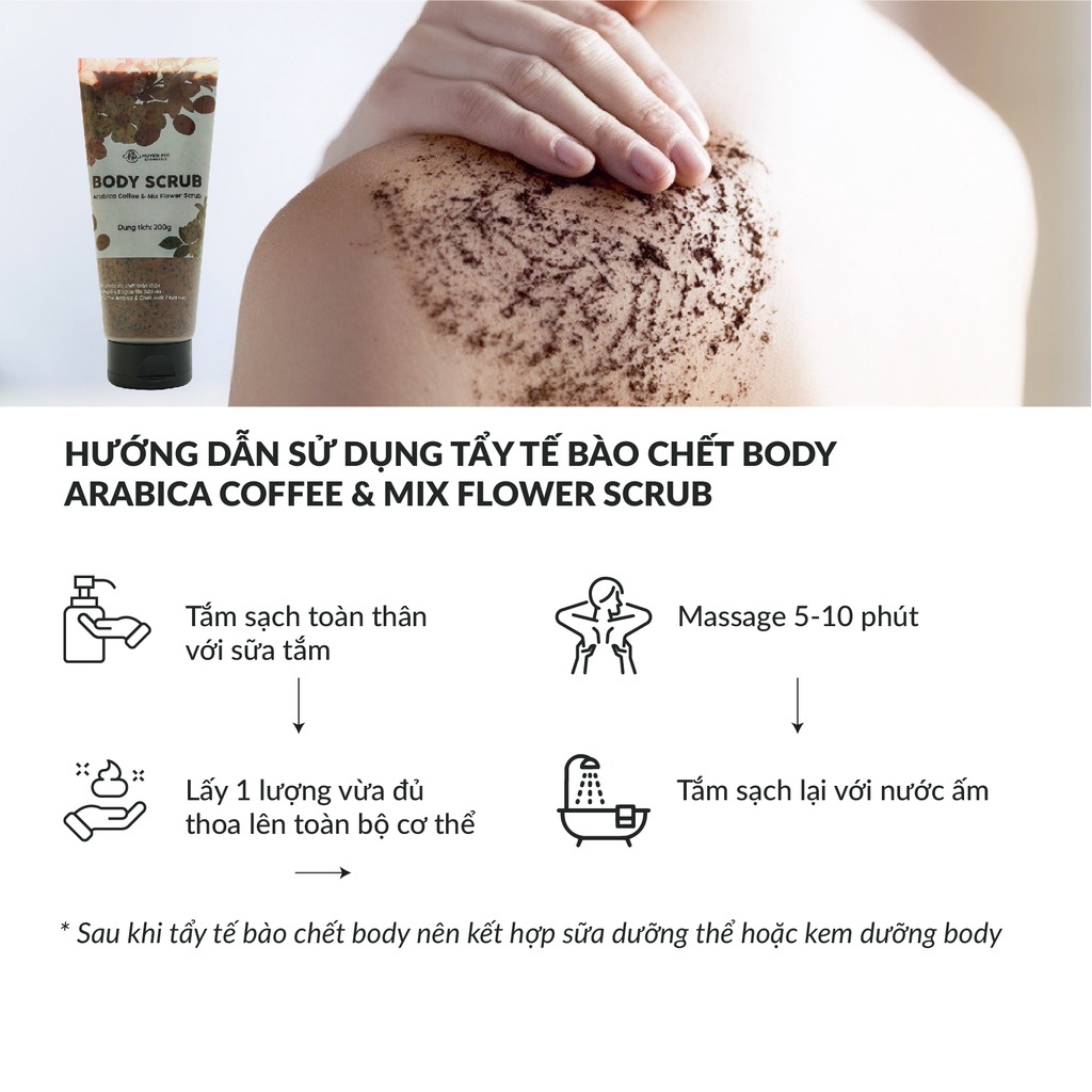 Tẩy tế bào chết body Arabica Coffee Mix Flower Scrub Huyền Phi 200g làm sạch da dưỡng ẩm và bảo vệ da