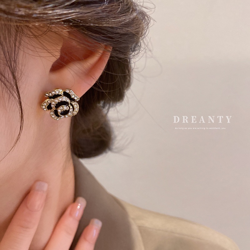 Bông Tai Mạ Bạc / Đen Hình Hoa Trà Đính Kim Cương Giả Kiểu Pháp Đơn Giản Thanh Lịch