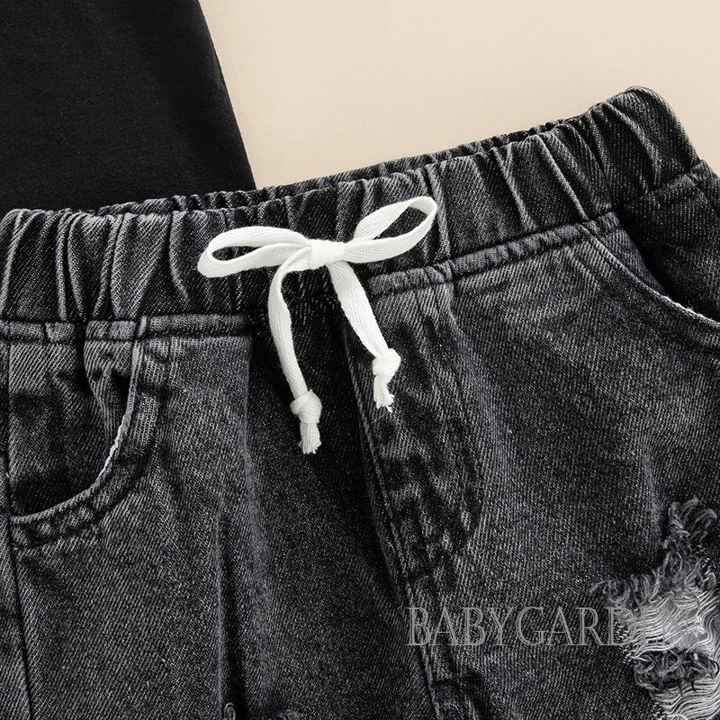Set Đồ 2 Món Gồm Áo Thun Tay Cộc Cổ Tròn Màu Trơn + Quần Jean Rách Màu Trơn Cho Bé Trai 6 Tháng Tuổi - 3 Tuổi