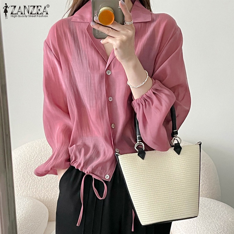 Áo sơ mi ZANZEA tay dài cổ bẻ thiết kế dây rút phong cách Hàn Quốc thời trang cho nữ