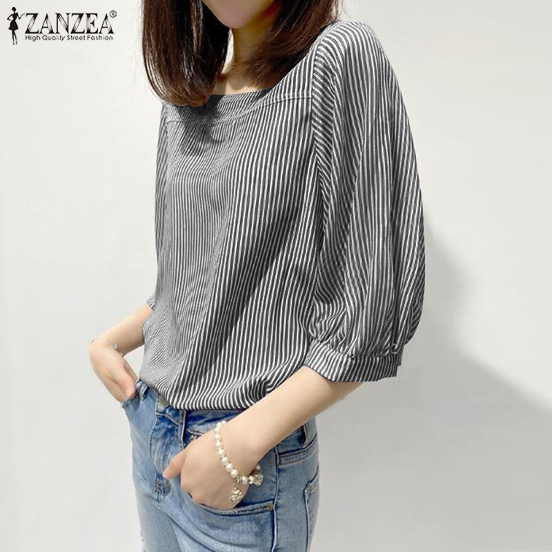 Áo kiểu ZANZEA tay lỡ 3 / 4 cổ vuông họa tiết ca rô thời trang dành cho nữ