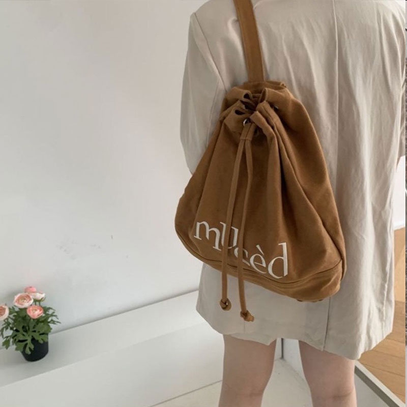 Mischa Ba Lô canvas Dây Rút Sức Chứa Lớn Màu Trơn Dày Dặn Phong Cách Cổ Điển Thời Trang