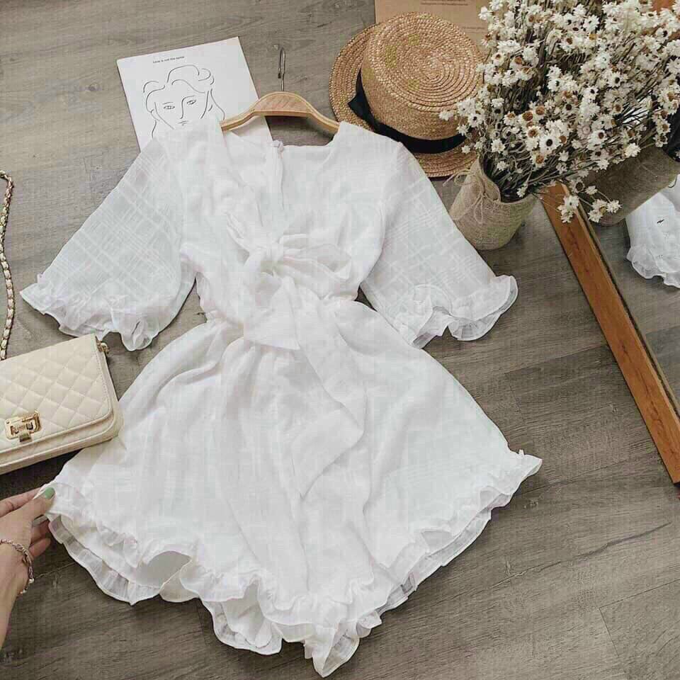 (FreeShip 2022) Jum Đùi Tay Lỡ Cổ V Cột Nơ,Jum Nữ Phối Bèo Dễ Thương