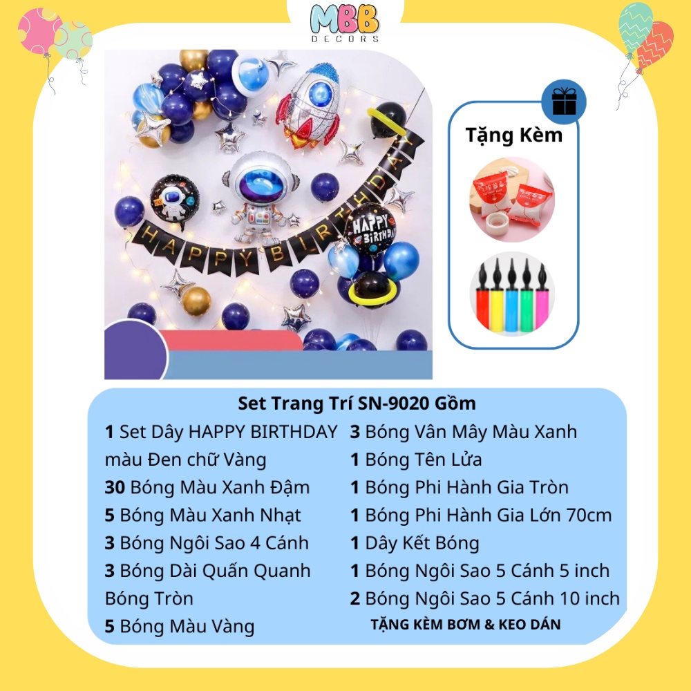 [TẶNG BƠM &amp; BĂNG KEO] Set Trang Trí Sinh Nhật Cho Bé Trai Chủ Đề Phi Hành Gia (Đầy Đủ Như Hình) - 9020
