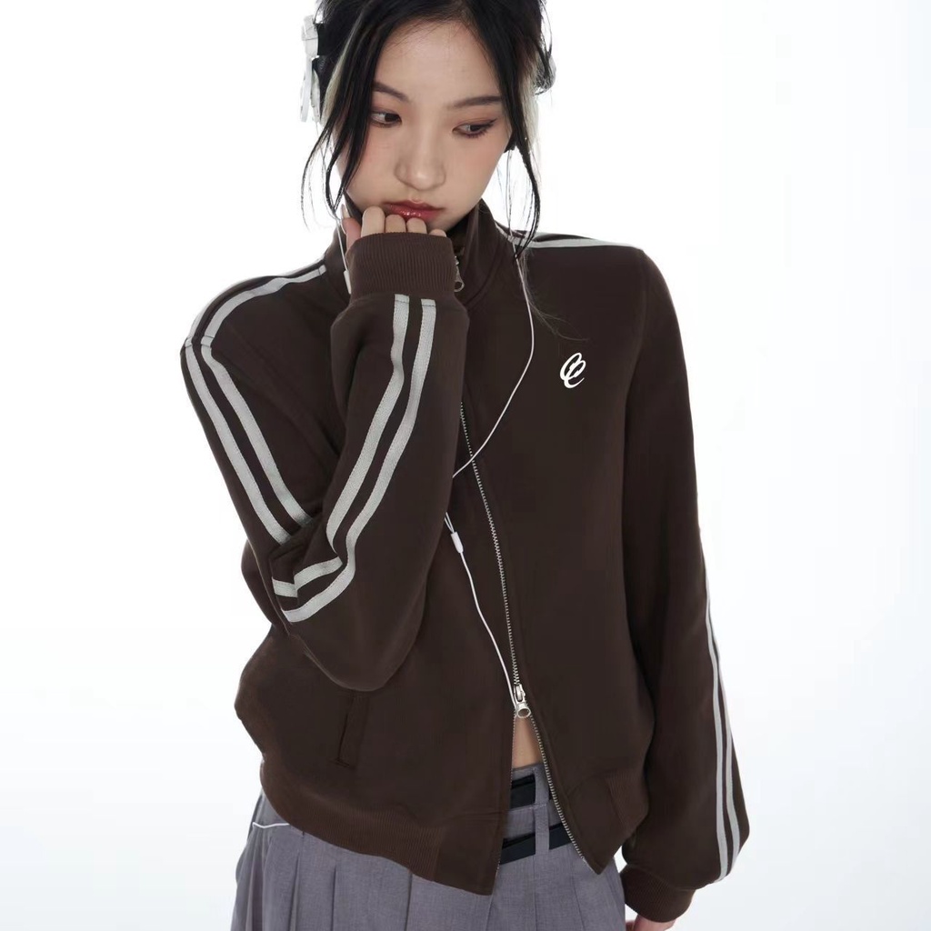 [Cotton Tinh Khiết] Áo Khoác Thể Thao Dáng Ngắn Có Dây Kéo Đôi Thêu Họa Tiết Phong Cách Retro Mỹ