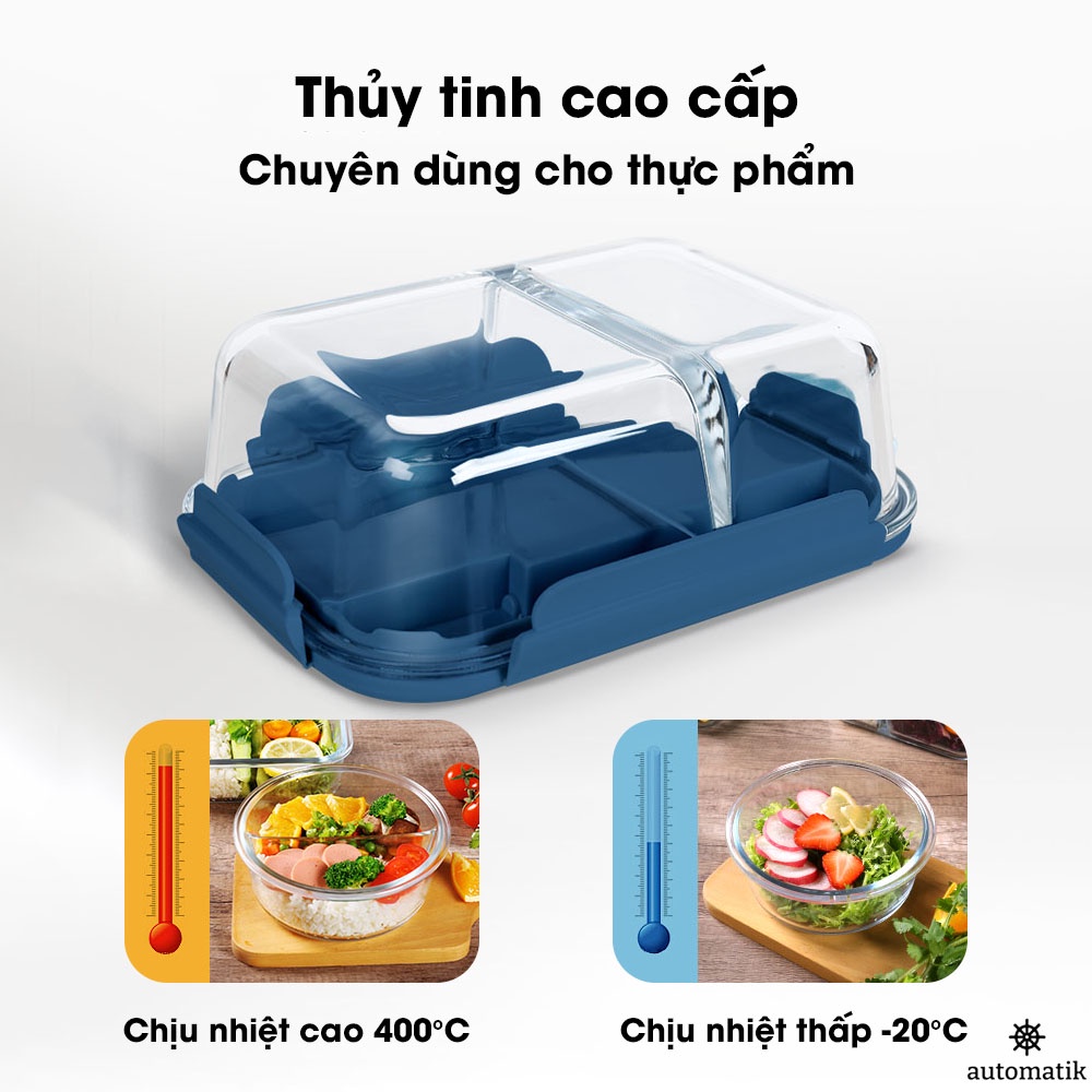 Hộp Đựng Cơm Thủy Tinh, Hộp Đựng Thực Phẩm Giữ Nhiệt, Set Hộp Thủy Tinh, Văn Phòng, 3 Ngăn, Chống Tràn - Automatik