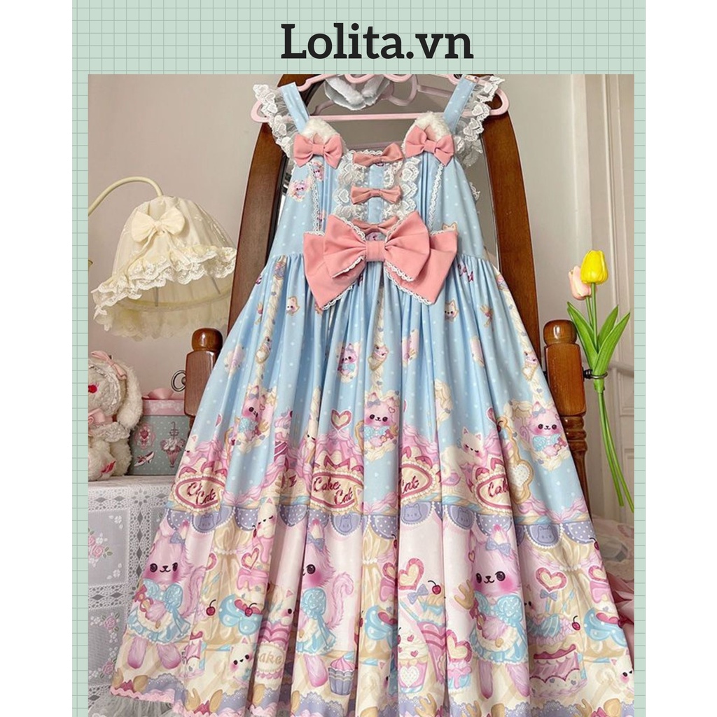 Đầm/ váy hai dây Lolita hoạ tiết mèo (Kèm ảnh thật)