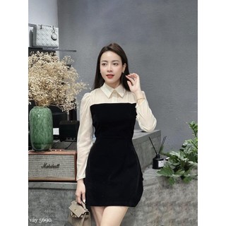 Đầm nhung đen đai lụa rời phối tay