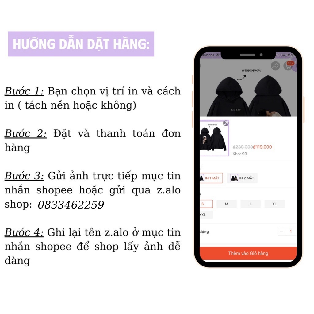 Áo Hoodie Dài Tay Đen In Theo Yêu Cầu Nam Nữ Đủ Size