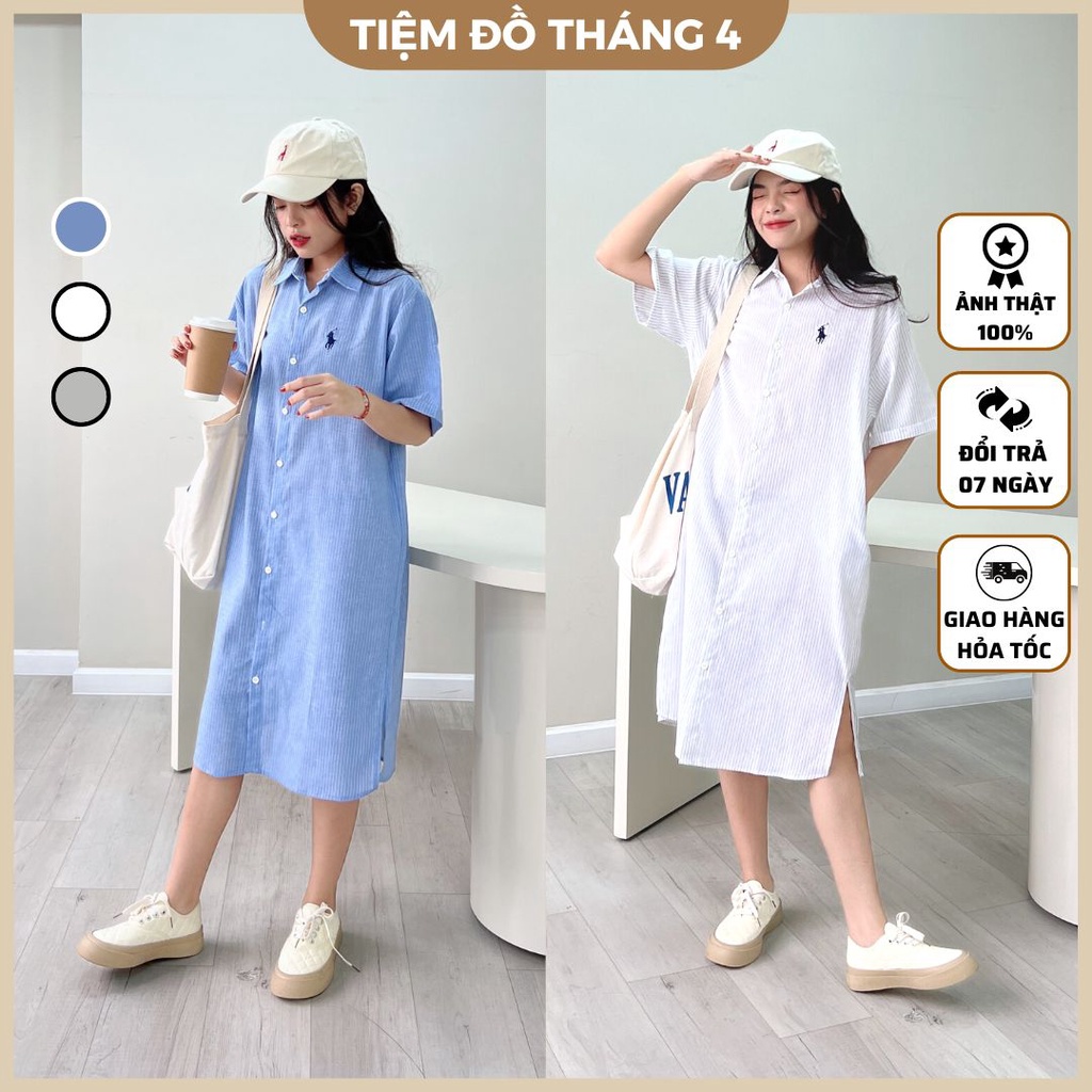 Đầm Sơ Mi Dáng Dài TIỆM ĐỒ THÁNG 4 Váy Suông Rộng Kẻ Sọc Phong Cách Hàn Quốc Màu Trắng/Xanh/Xám H8762