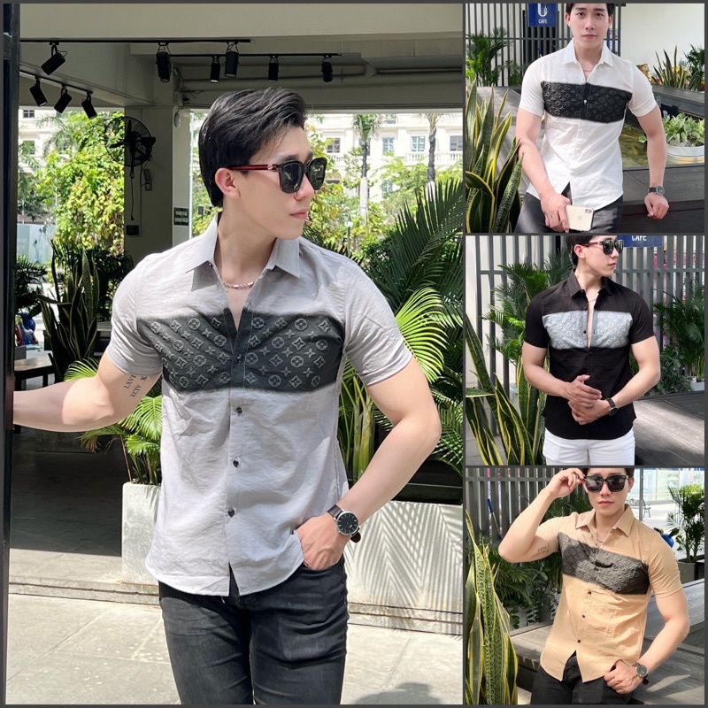 Áo Sơ Mi Vải Đũi Tay Ngắn In hoạ tiết ngang ngực SMTN