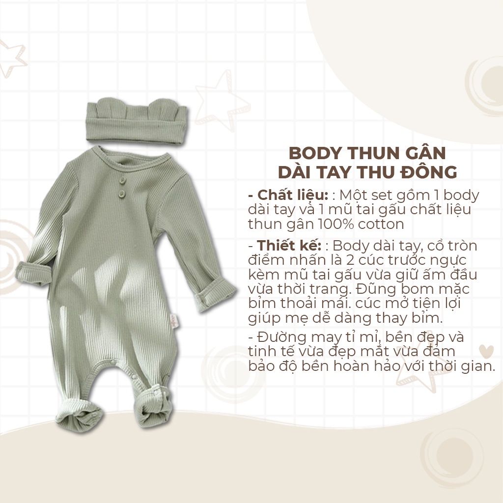 Bộ quần áo liền thân dài tay kèm che thóp cho bé Unbee bodysuit chất liệu thun gân Hàn Quốc dành cho da nhạy cảm