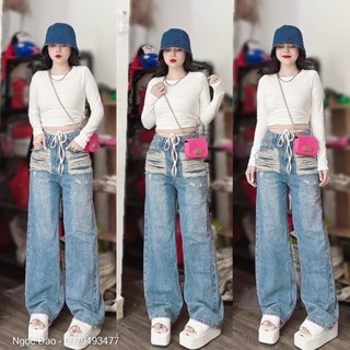 Quần jeans suông túi rách kiểu cạp cao phom dài dáng basic