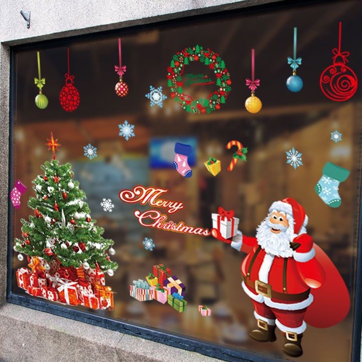 Tấm decal dán trang trí giáng sinh noel,ông già noel,cây thông,hộp quà