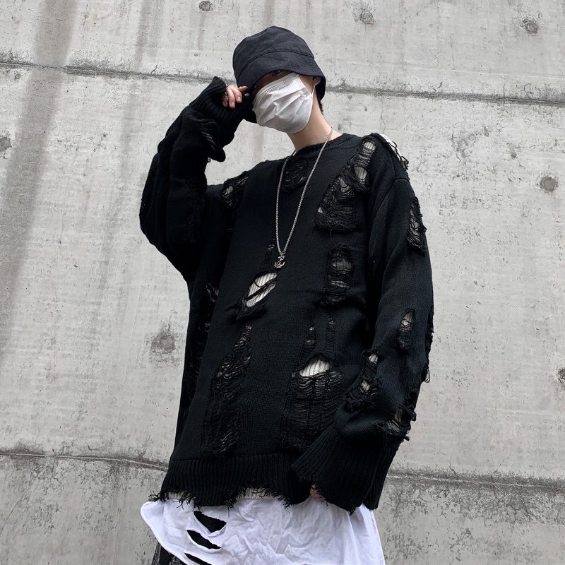 Áo Sweater Rách Dáng Rộng Phong Cách Đường Phố Nhật Bản Thời Trang Thu Đông Dành Cho Nam