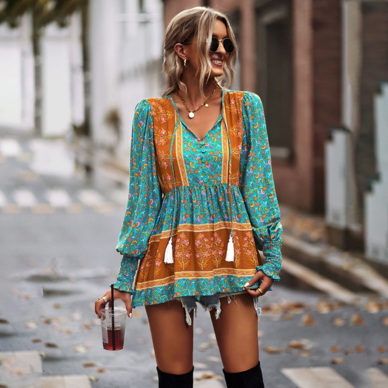 Áo Kiểu Tay Phồng Dài Dáng Rộng Cổ Chữ V Phối Dây Rút In Hoa Thời Trang Xinh Xắn Cho Nữ