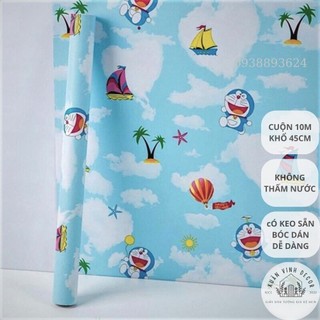 Giấy dán tường Doremon mây xanh Xuân Vinh Decor rẻ đẹp cuộn 10m khổ 45cm có keo sẵn