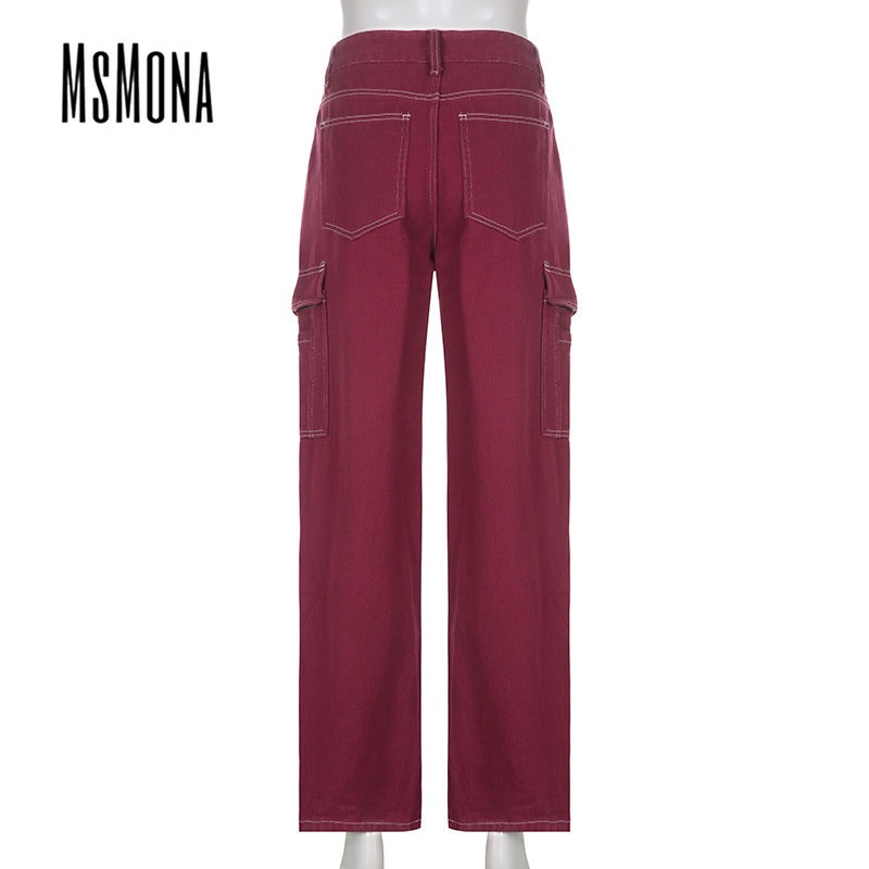 MsMona Quần Jean Ống Rộng Màu Đỏ Trơn Có Túi Thời Trang 2022 Cho Nữ