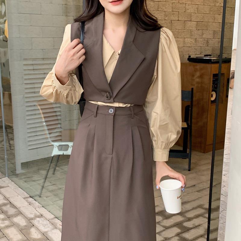 Áo Sơ Mi Tay Phồng + Áo Vest Ngắn Cài Một Nút + Chân Váy Thẳng Eo Cao Phong Cách chic Hàn Quốc
