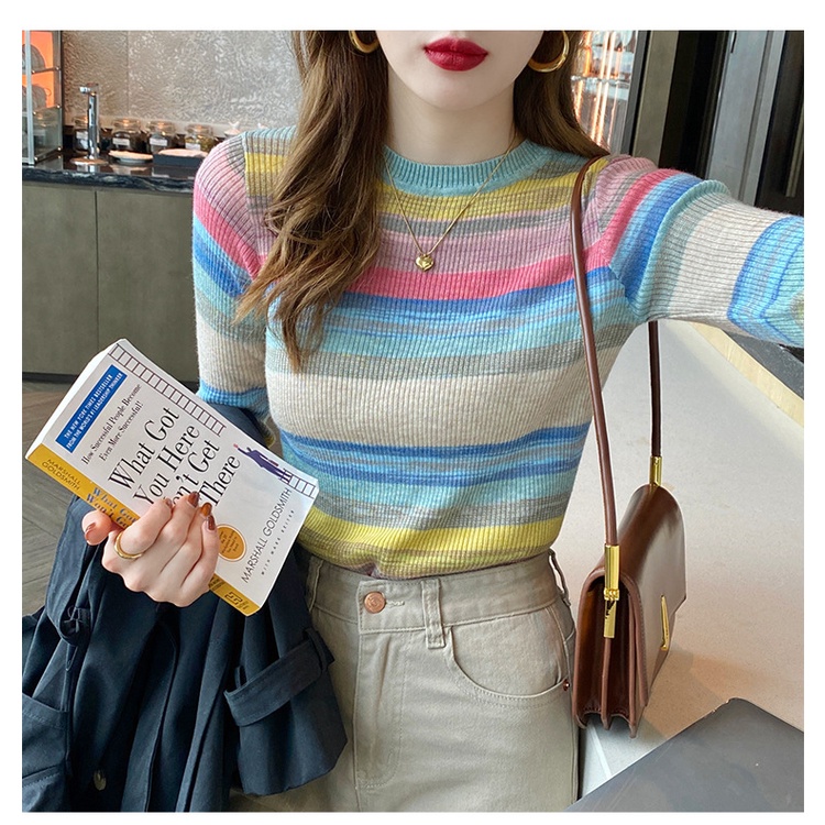 Áo Len Tay Dài Dáng Ôm Họa Tiết Kẻ Sọc Ngang Màu Cầu Vồng Phong Cách Mới Dành Cho Bạn Nữ