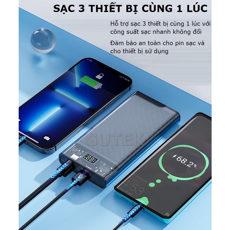 Sạc dự phòng pin 10000mah sạc nhanh 22,5W nhiều cổng USB Type-C đầu ra vỏ trong suốt - Gutek PD107