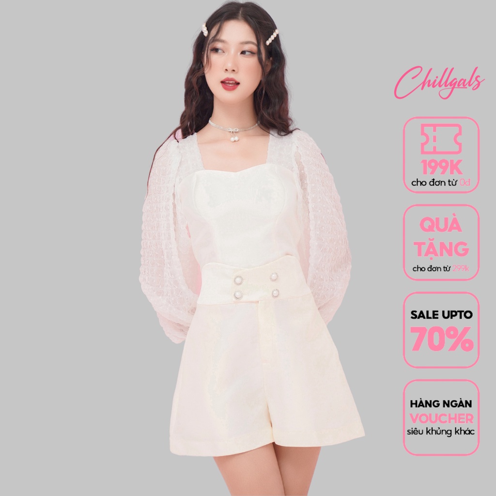 Set áo tay bồng kèm quần short Chillgals chất liệu tafta thiết kế cổ vuông tay bồng cao cấp SAQ-087