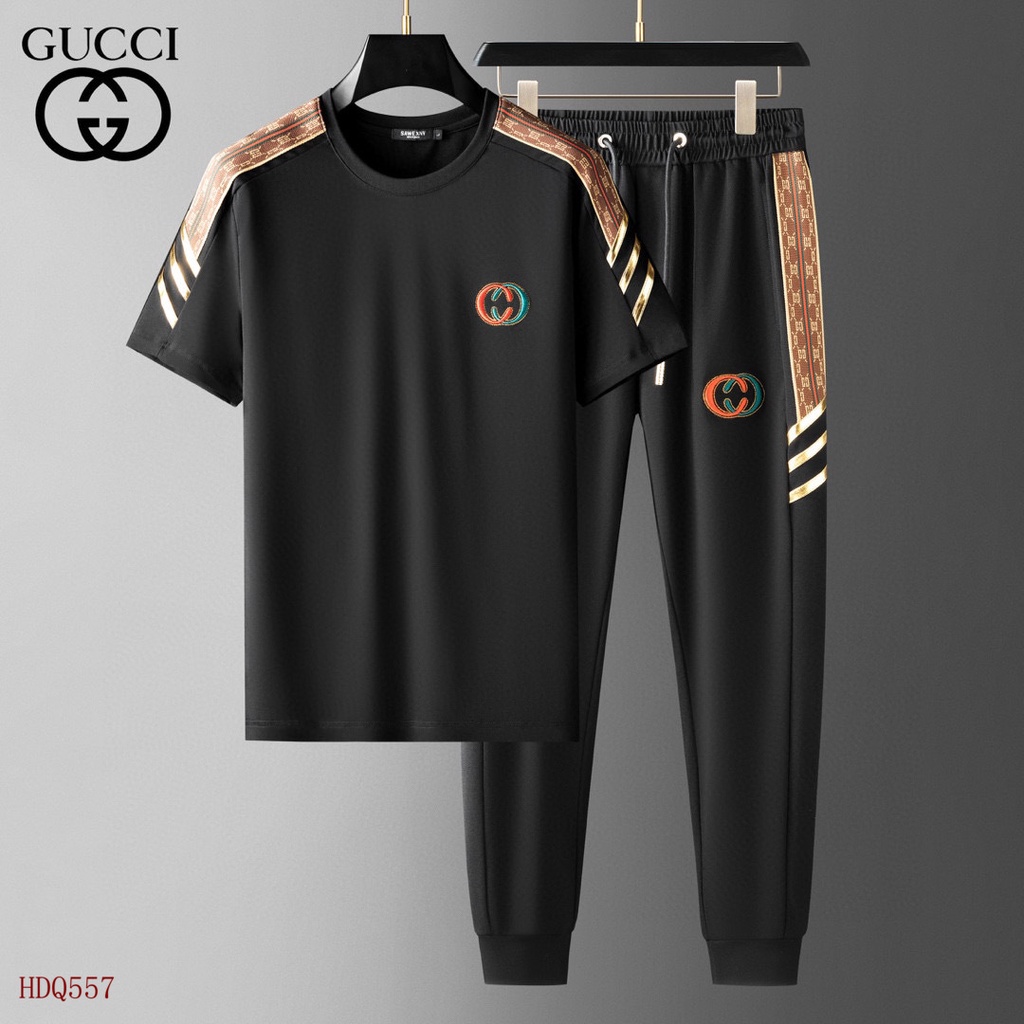 Set 2 Món Áo Thun Tay Ngắn Cổ Tròn Chất Liệu Cotton In Logo Gucci + Quần Năng Động Thời Trang Cho Nam