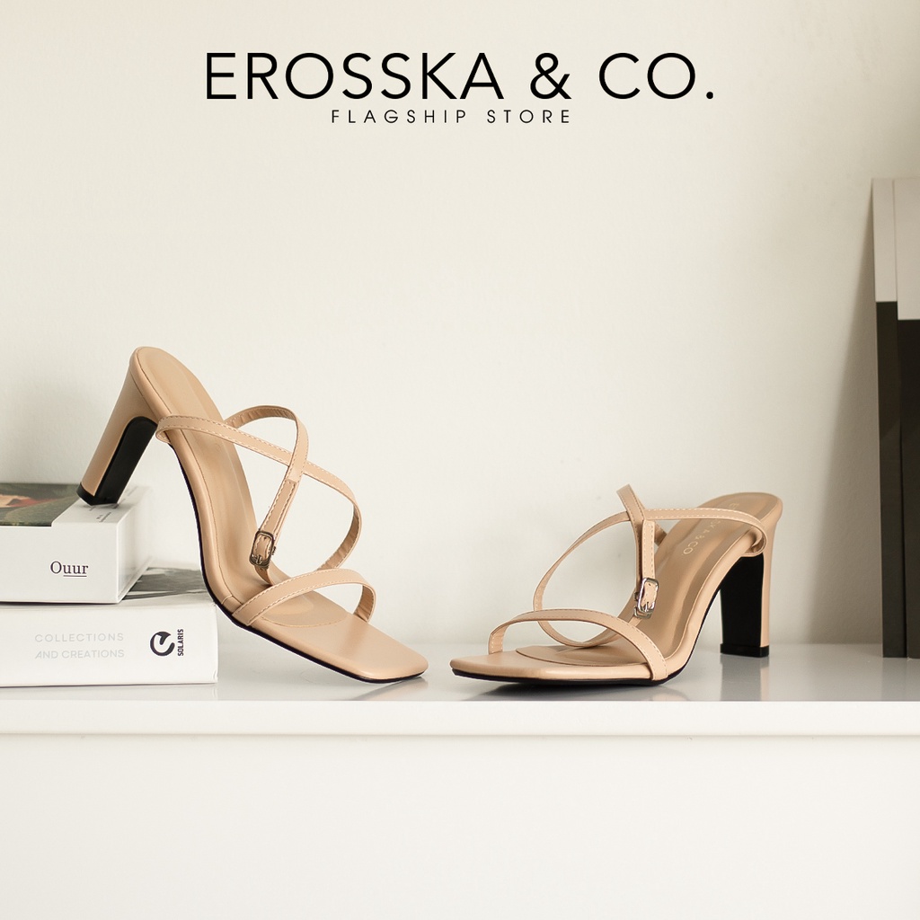 Erosska - Giày sandal cao gót nữ mũi vuông quai mảnh cao 8cm màu nude - EB054