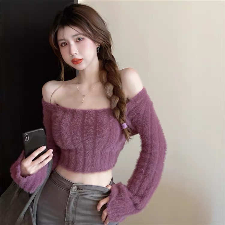 QADCOL Áo sweater Croptop Giả Lông Chồn Cổ Vuông Thời Trang Mùa Thu Cho Nữ