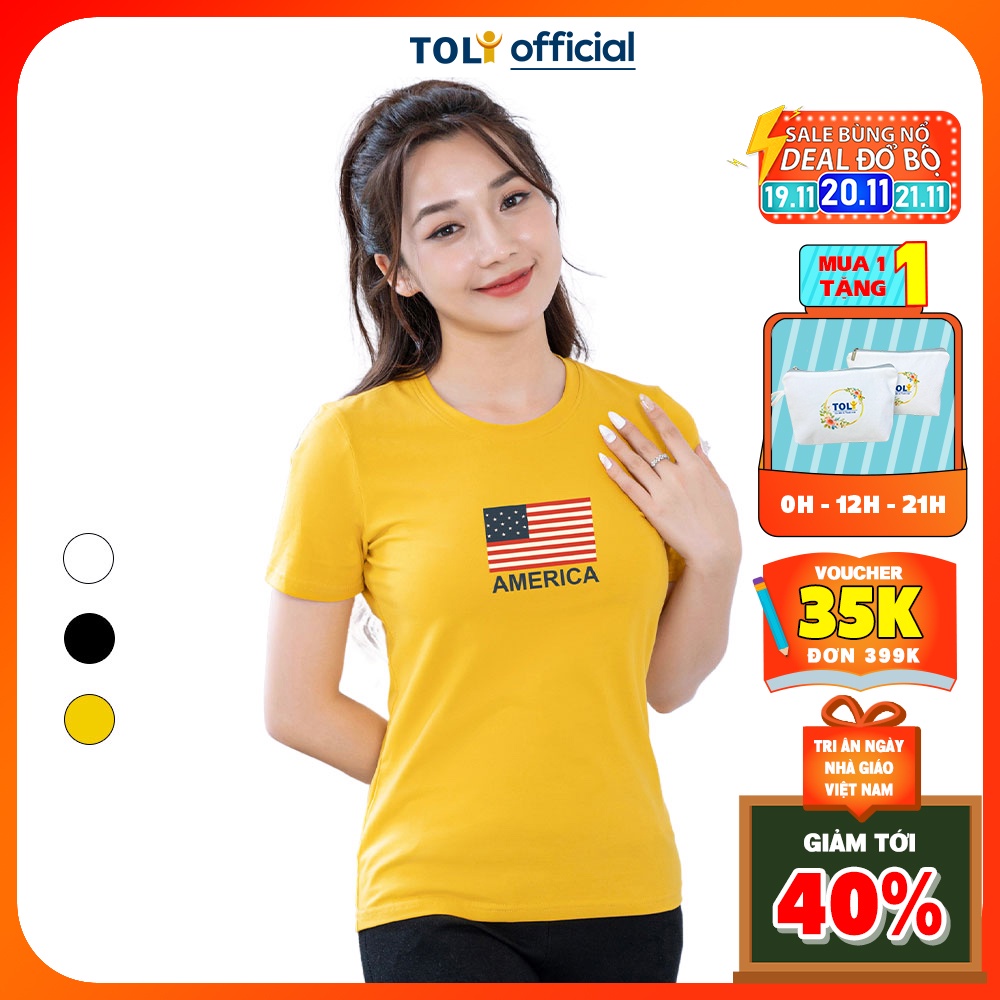 Áo Thun Nữ TOLI Cổ Tròn in Cờ Mỹ, 100% Cotton 4 Chiều Mềm Mịn, Co Giãn, Form Suông Cơ Bản [Vàng-V2]