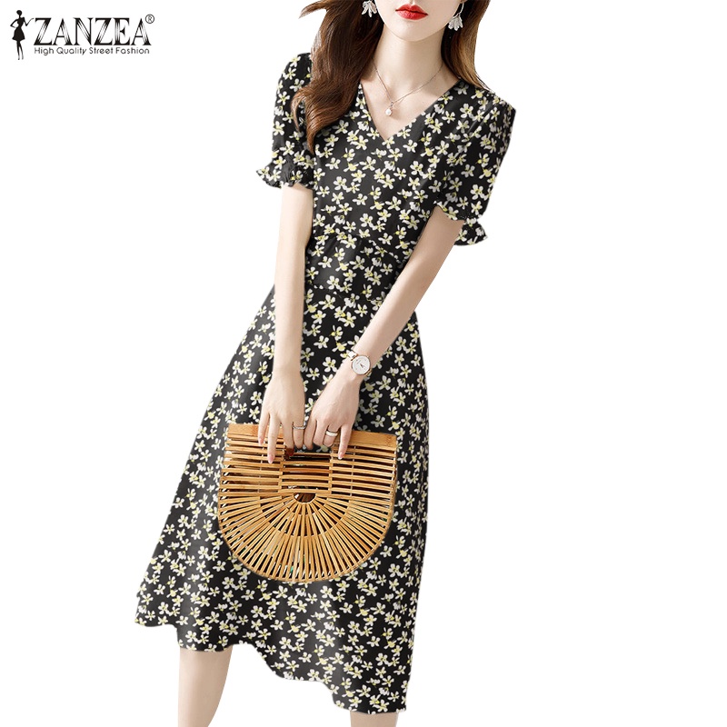Đầm midi ZANZEA tay ngắn phồng cổ chữ V in họa tiết hoa thời trang dành cho nữ