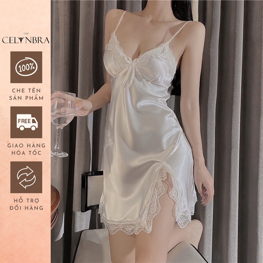 Váy ngủ lụa satin viền ren cổ V đính nơ xẻ vạt đùi gợi cảm THE CELYNBRA - V32