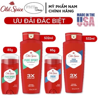 [USA] Combo Old Spice gồm Gel tắm 532ml + lăn sáp khử mùi nam 85g (sáp xanh)  Pure Sport , Fresh - Mỹ