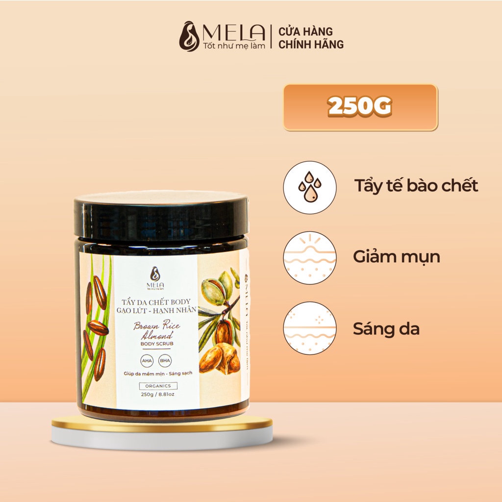 Tẩy Da Chết Body Gạo Lứt Hạnh Nhân MELA Sạch Lỗ Chân Lông, Tẩy Tế Bào Chết Giúp Da Mềm Mịn 250g - ML12