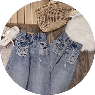 Quần jeans suông túi rách kiểu cạp cao phom dài dáng basic