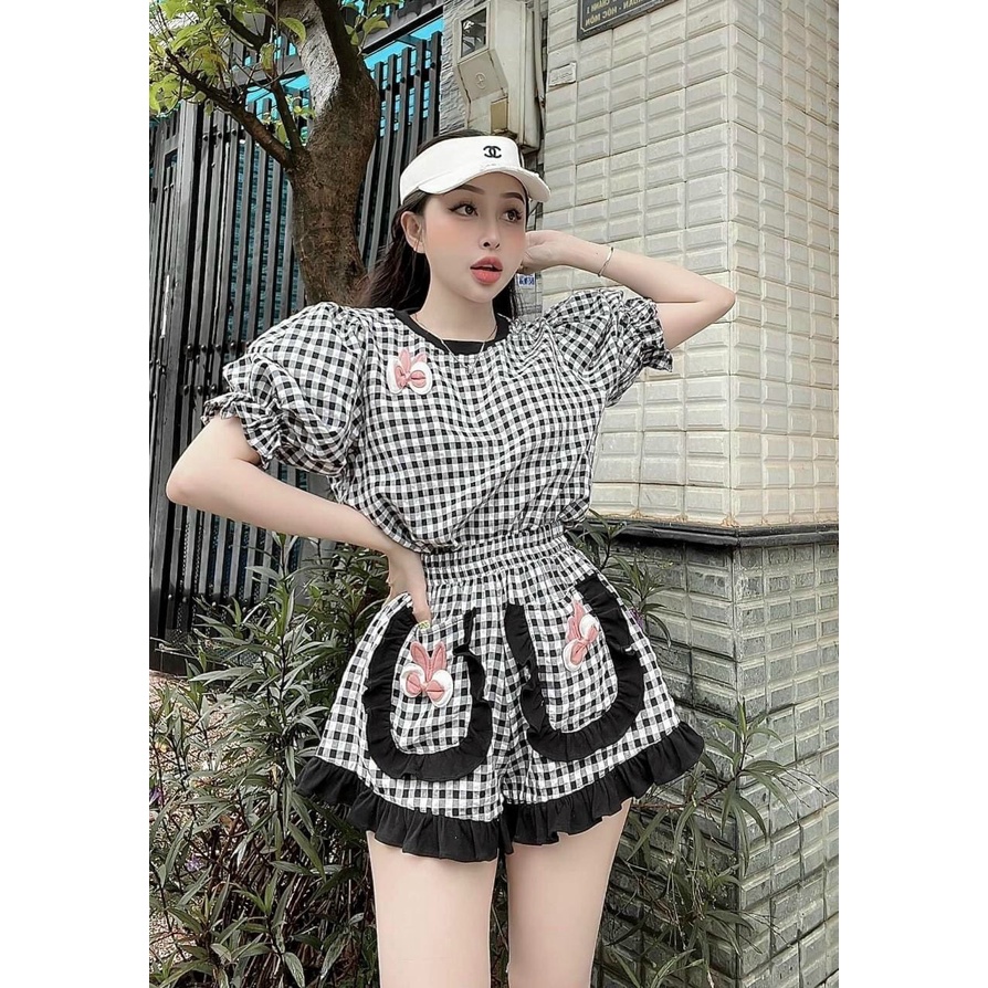 Set bánh bèo, đồ bộ đùi caro nhỏ cute phối túi bèo, áo tay phồng cổ tròn mặc đi chơi, ở nhà đen, hồng dễ thương