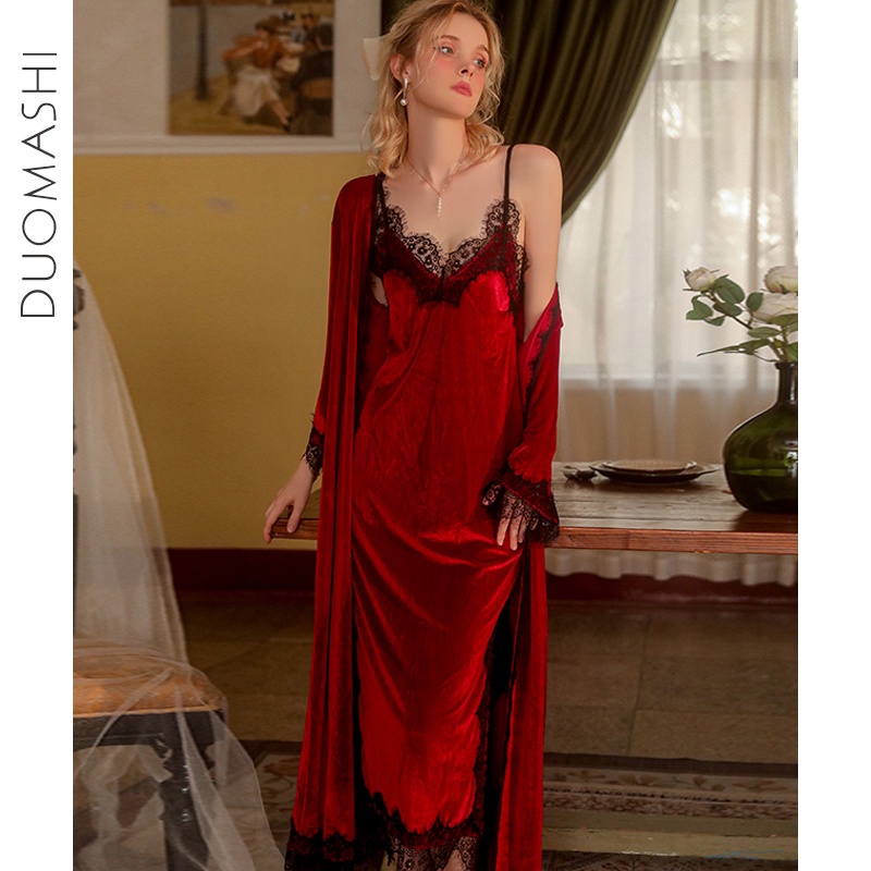 Bộ pyjama sexy mùa thu và mùa đông vui nhung dây nịt pyjama ngủ ngủ dài dài dài mở trên cả hai bên áo choàng ngủ trang phục