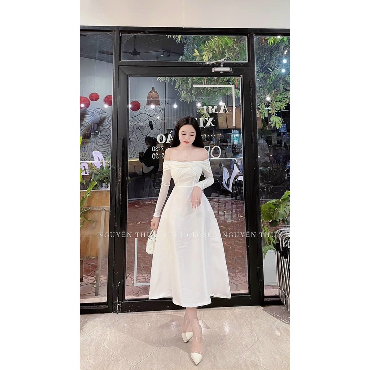 Đầm cotton lạnh tay dài có mút trễ vai dáng dài qua gối, đầm xòe bẹt vai thiết kế đi tiệc dx