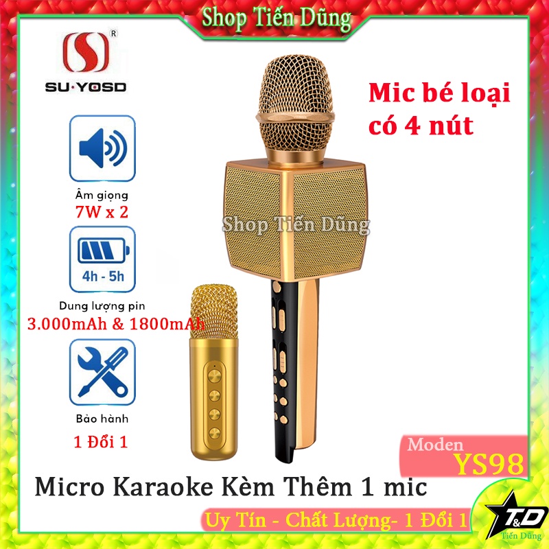 Micro karaoke bluetooth YS98 kèm 1 mic cầm tay loại 4 nút có thể hát song ca cùng lúc âm thanh giả giọng