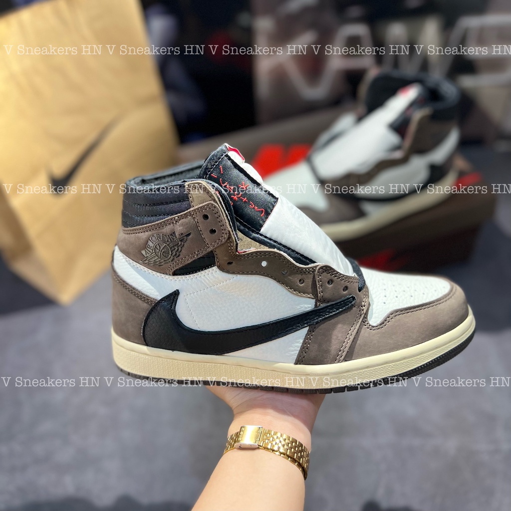 Giày Sneaker Air Jordan 1 High Travis Scott - Phiên bản Xịn Màu Mocha Xanh Rêu Da Bò