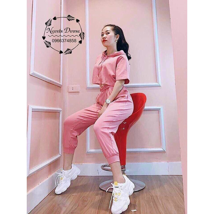 Sét đồ bộ áo croptop tay ngắn có mũ phối quần dài jogger chất thun da cá dày dặn phong cách cá tính trẻ trung năng động