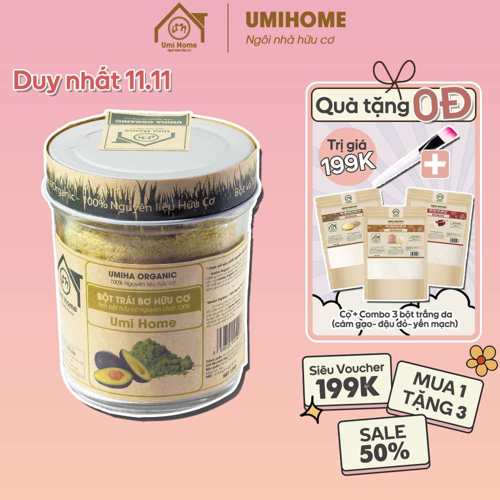 Bột Trái Bơ đắp mặt nạ hữu cơ UMIHOME nguyên chất - Trắng da, mềm mịn da, mờ thâm nám, chống lão hóa và giảm nếp nhăn