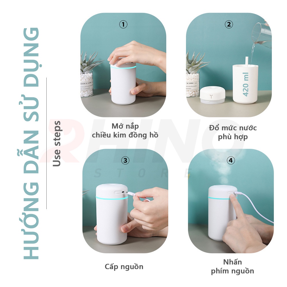 Máy phun sương, xông tinh dầu Rhino HH901 nhỏ gọn dung tích 420ml, tích hợp đèn ngủ