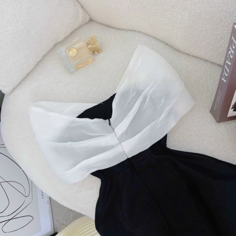 Đầm trể vai phối voan xoắn ngực có lót ngực