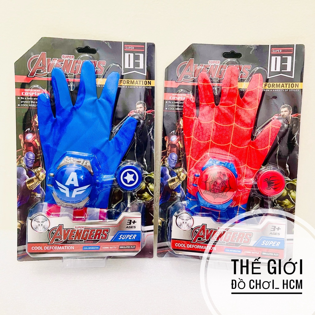 Đồ chơi găng tay Người nhện Spiderman/ Captain American kèm dụng cụ bắn huy hiệu dành cho bé trai thích siêu anh hùng